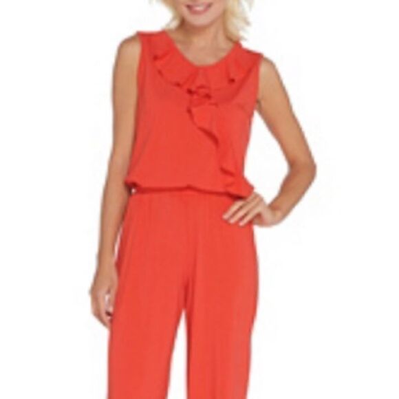 Joan Rivers Classic Collection Jersey Vneck Ruffle Wide Leg Black Ankle Jumpsuit - Picture 5 of 7